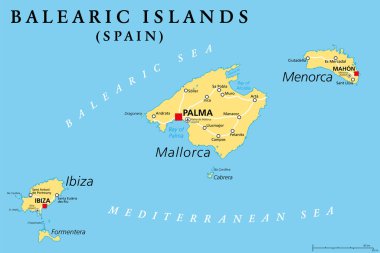 Balear Adaları, Mallorca, Ibiza, Menorca ve Formentera adaları ile siyasi haritalar. İspanya 'da, Akdeniz' de, İber Yarımadası yakınlarında adaların takımadaları. İllüzyon. Vektör.