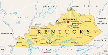 Kentucky, KY, başkent Frankfort ve en büyük şehirlerle politik harita. Kentucky Eyaleti. Amerika Birleşik Devletleri 'nin güneydoğu bölgesinde bir eyalet. Bluegrass State Üniversitesi. İllüzyon. Vektör