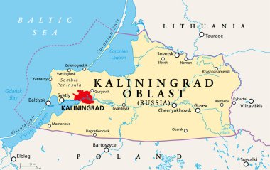 Kaliningrad Oblastı, politik harita. Kaliningrad Bölgesi, Rusya 'nın federal vatandaşı ve Baltık Denizi kıyısında idari merkezi Kalininingrad olan yarı enklavı. İllüzyon. Vektör.
