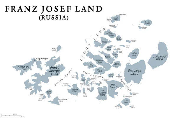 Franz Josef Land Mapa Político Cinzento Arquipélago Russo Oceano Ártico —  Vetores de Stock