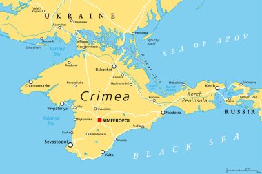 Kırım siyasi haritası. Karadeniz 'in kuzey kıyısındaki Doğu Avrupa yarımadasında tartışmalı statü var. Rusya tarafından kontrol ediliyor ve yönetiliyor. Uluslararası alanda Ukrayna 'nın bir parçası olarak tanınıyor. Vektör