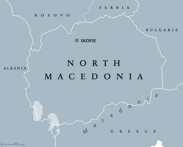 Macedonia Del Norte Mapa Político Gris Con Capital Skopje República — Vector de stock