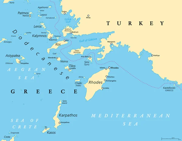 Dodecanese Political Map Group Greek Islands Southeastern Aegean Sea Eastern — Stock Vector