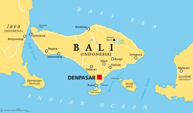 Bali siyasi haritası, sermaye Denpasar ile. Endonezya ili ve adası, Küçük Sunda Adaları 'nın batısında, Java' nın doğusunda, Lombok 'un batısında. Endonezya 'nın tek Hindu çoğunluklu eyaleti. Vektör.