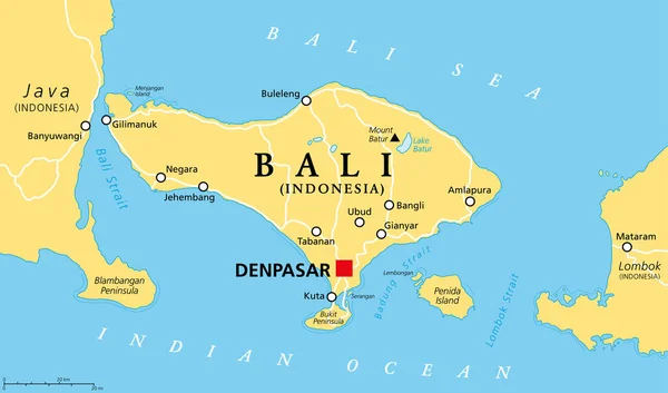 Bali Political Map Capital Denpasar Province Island Indonesia Westernmost Lesser — Stock Vector