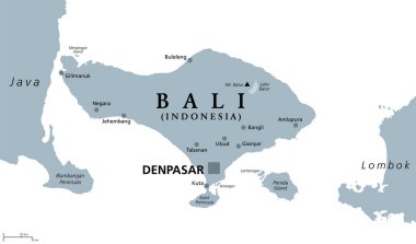 Bali, gri politik harita. Endonezya ili ve adası, Java 'nın doğusunda, Lombok' un batısında, Küçük Sunda Adaları 'nın en batısında yer alır. Endonezya 'nın tek Hindu çoğunluklu eyaleti. İllüzyon. Vektör