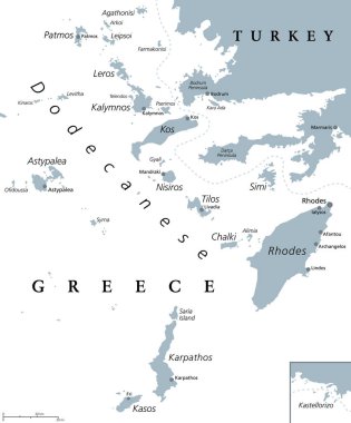 Dodecanese adaları, gri politik harita. Güneydoğu Ege Denizi 'ndeki Yunan ada grubu ve Türkiye kıyıları açıklarındaki Doğu Akdeniz. Rodos, antik çağlardan beri en baskın adadır. Vektör