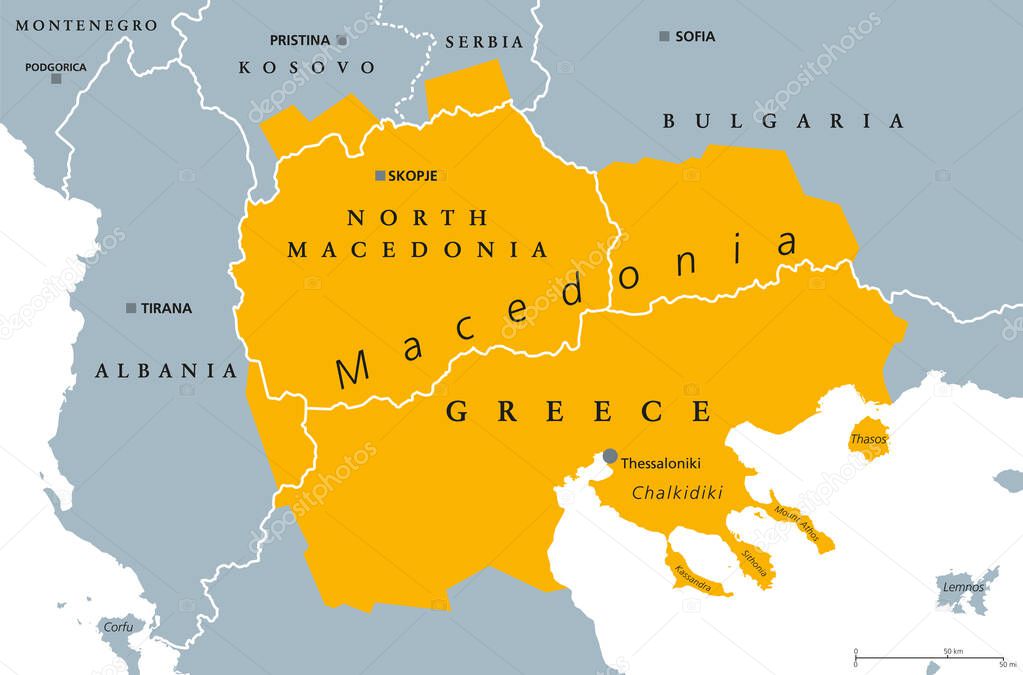 Geographical region of Macedonia, political map. Region of the Balkan Peninsula in Southeast Europe, part of Greece, North Macedonia, Bulgaria, Albania, Kosovo and Serbia. Illustration. Vector.