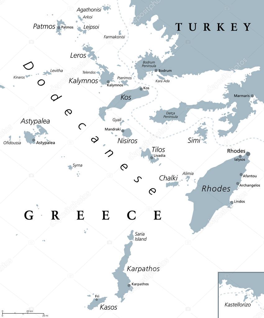 Dodecanese islands, gray political map. Greek island group in the southeastern Aegean Sea and Eastern Mediterranean  off the coast of Turkey. Rhodes is the most dominant island since antiquity. Vector