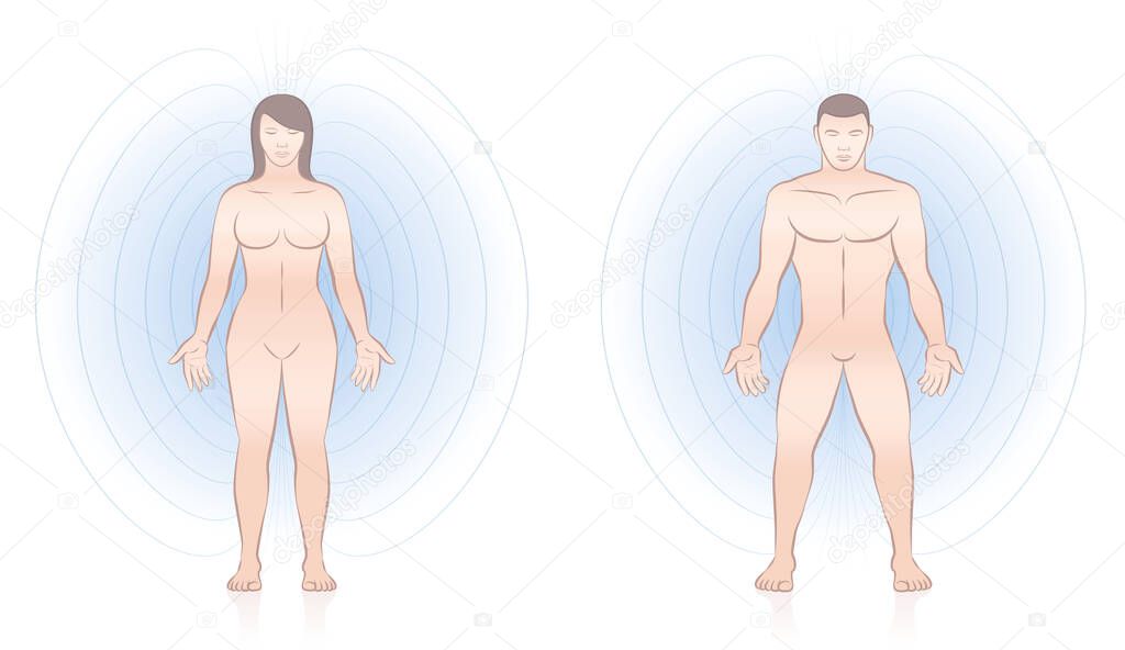 Magnetic field, human energetic body of woman and man with lines and aura, energy pattern around a couple - for treatment in complementary medicine. Vector illustration on white background.