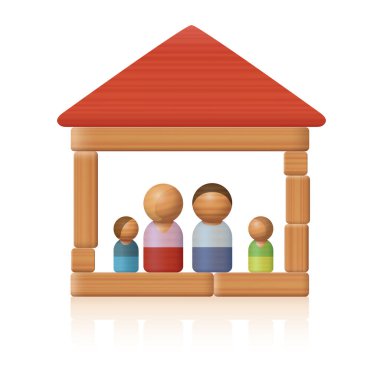 Basit oyuncak blok evlerindeki tipik oyuncak aile - kolay yaşam ya da ekonomik yaşam ile ilgili basitliğin sembolü - ya da sadece komik bir çocuk oyunu. Beyaz arkaplanda vektör.