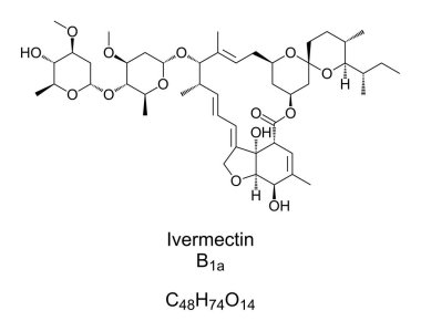 Ivermectin, kimyasal formül ve iskelet yapısı. B1a türevi, birçok parazit istilasını tedavi etmek için kullanılan bir ilaç olan Ivermectin 'in ana bileşenidir. Antiparazit etken. Vektör