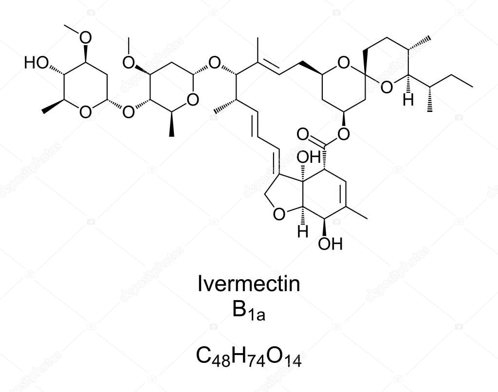 Ivermectin, chemical formula and skeletal structure. The B1a derivative is the main component of Ivermectin, a medication used to treat many types of parasite infestations. Antiparasitic agent. Vector