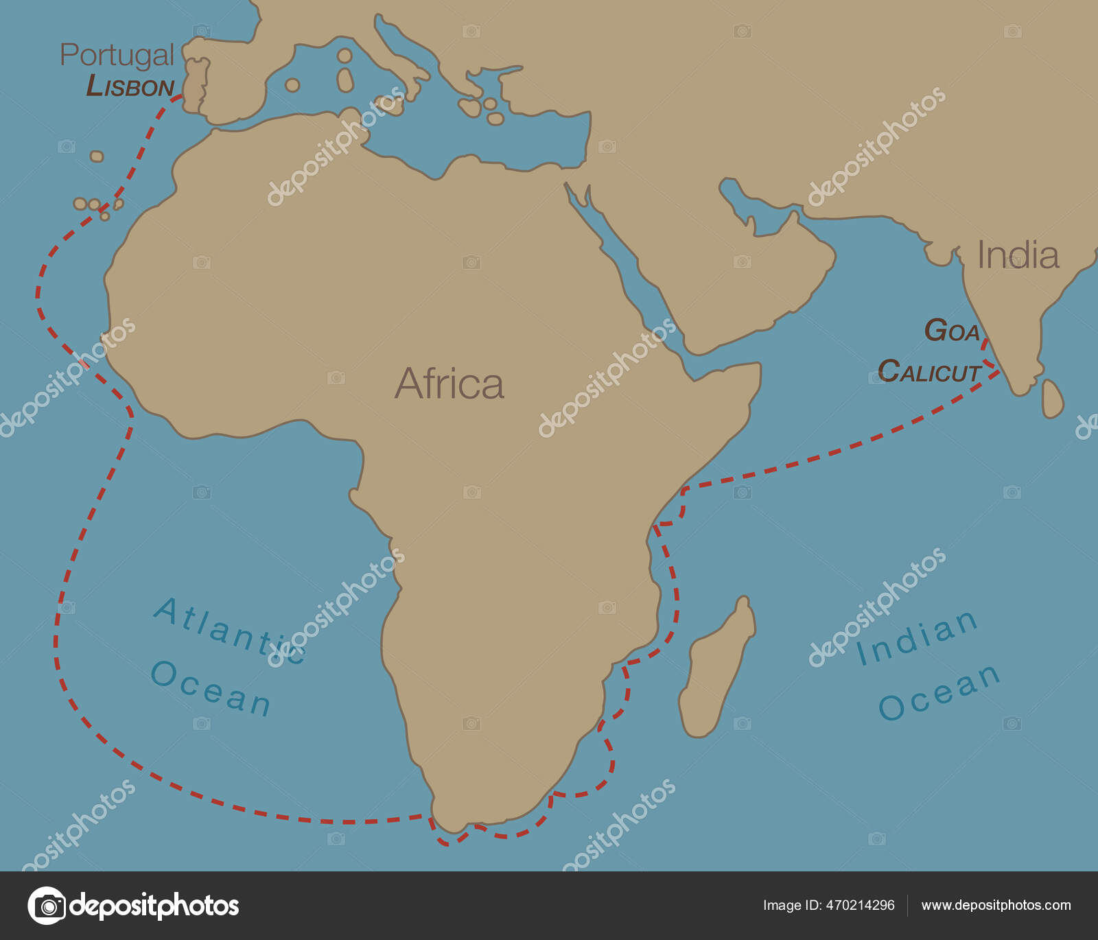 Vasco Da Gama Travel Map Vasco Gama Portuguese Explorer His First Voyage Lisbon Africa India Stock  Vector Image By ©Furian #470214296