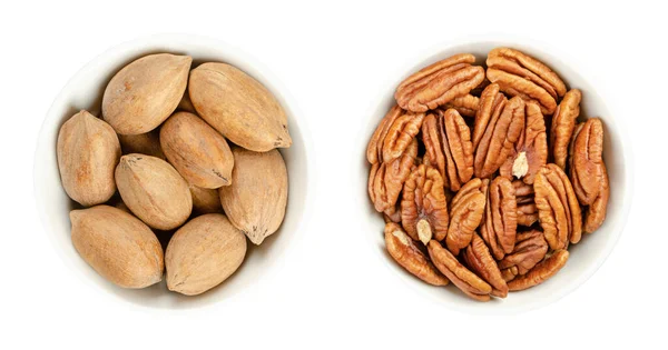 Pecan Nuts Shelled Unshelled White Bowls Whole Pecans Pecan Halves — Stock Photo, Image