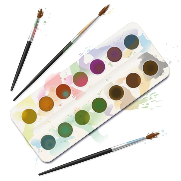 Used Watercolor Paint Box Spotty Blotchy Soiled Spilled Dirty Frayed — Stock Vector