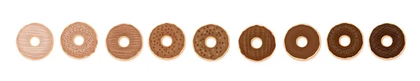 连续吃巧克力甜甜圈 九个不同的甜甜圈 从浅色到深色的巧克力 白色背景上的孤立矢量图解 — 图库矢量图片