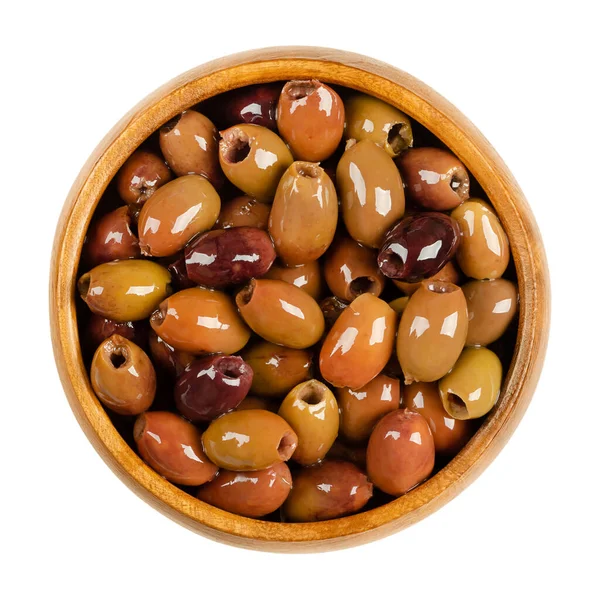 Pitted Leccino Olives Preserved Olive Oil Wooden Bowl Leccino One — Stock Photo, Image