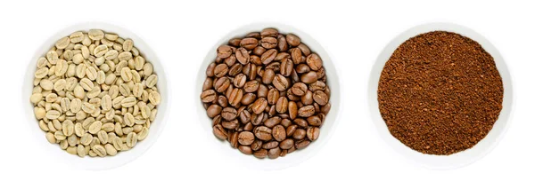 Green Roasted Ground Coffee Beans White Bowls Seeds Berries Coffea — Φωτογραφία Αρχείου