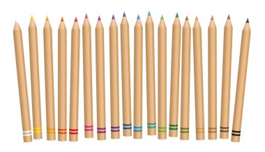 Renkli kalem, doğal ahşap desenli set. Beyaz arkaplan üzerine resim.