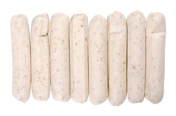 Saucisses Végétariennes Barbecue Rangée Haut Isolées Sur Blanc Saucisses Blanches — Photo