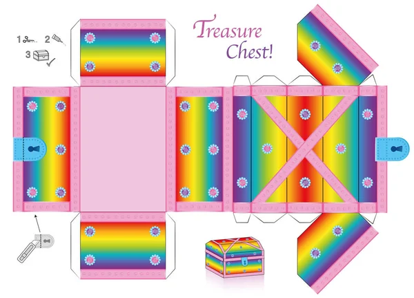 宝箱模板 彩虹彩纸模型 折叠和粘贴它 有盖子 可以打开 贵重物品 奢侈品 财物或小东西的彩盒 — 图库矢量图片