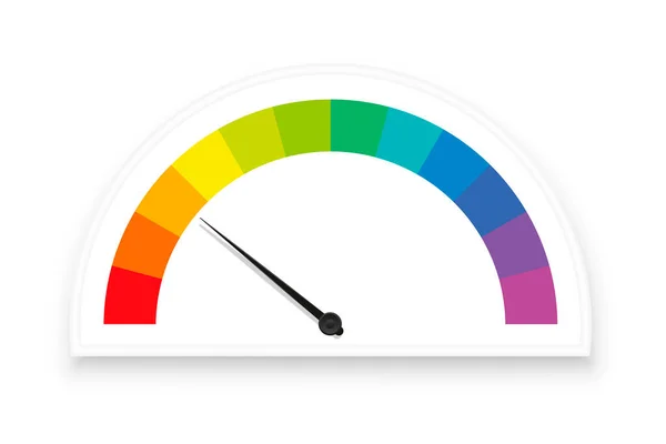 虹色のゲージ 色鮮やかなスケールフィールドを持つ速度計 評価指標としての細分化 黒いポインタを持つディスプレイ機器を測定します 白地に孤立ベクトル — ストックベクタ