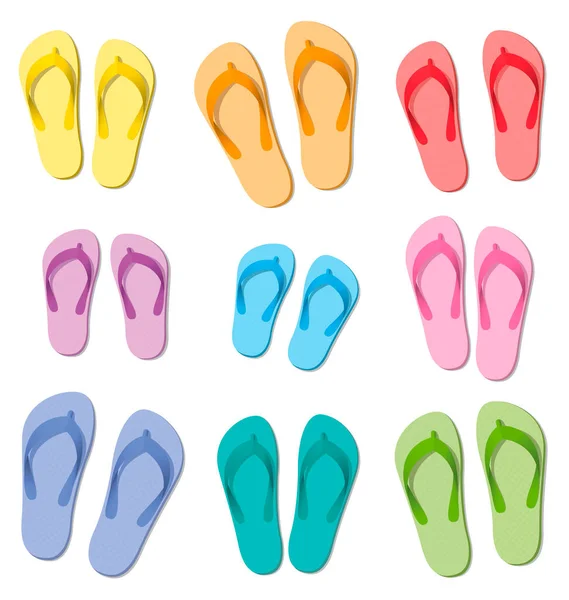 Flip Flops Set Tien Gekleurde Paar Rubberen Sandalen Symbolisch Voor — Stockvector