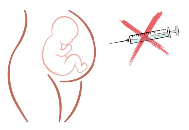 Şırınganın üzeri çizilmiş hamile kadın bebek sembolü. Beyaz arkaplanda izole edilmiş dış hat vektör çizimi.