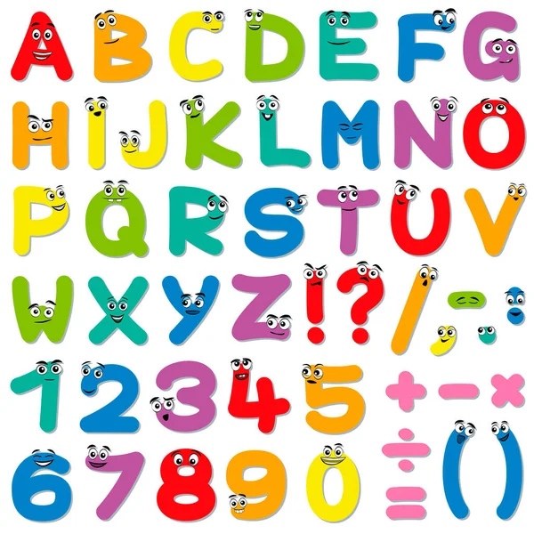 Comic Font Colorful Funny Alphabet Cute Happy Faces Letters Numbers — Stock Vector