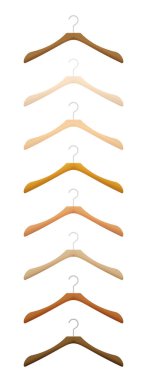 Giysiler için ahşap askılar, elbise askısı seti, çeşitli ağaçlar ve dokular. Beyaz arkaplanda izole vektör illüstrasyonu.