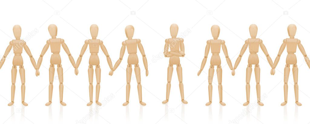 Human chain with maverick figure who does not hold hands. Symbol for refuser, outsider, denier, loner, contrarian, lateral thinker, protester, individualist, downshifter, dropout.