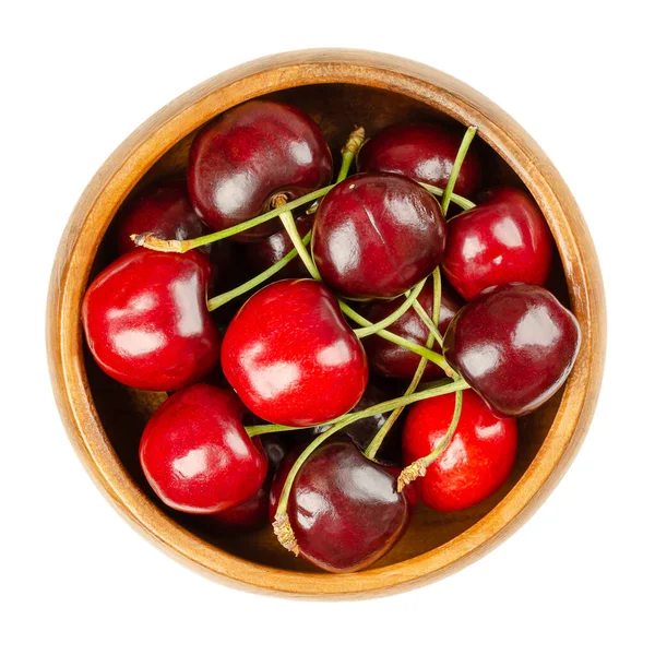 Cerezas Frescas Tazón Madera Listas Para Comer Frutos Rojos Maduros — Foto de Stock