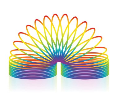 Spiral yay oyuncağı, gökkuşağı renkli nesne. Beyaz arkaplanda izole vektör illüstrasyonu.