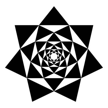 Heptagrams in heptagrams. Crossing points of seven seven-pointed stars, placed one inside the other, resulting in isosceles triangles, forming a mandala like pattern and symbol. Illustration. Vector.