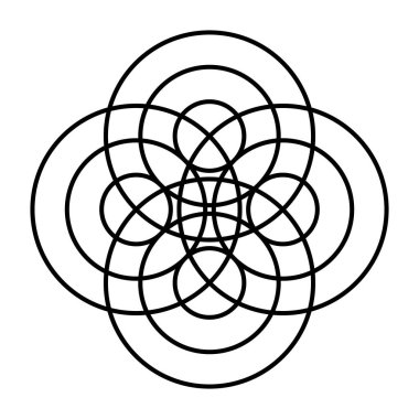 Symbol made of concentric circles. At four different points, three waves spread out concentrically, similar to water waves, and result in a mandala-like pattern. Black and white illustration. Vector.