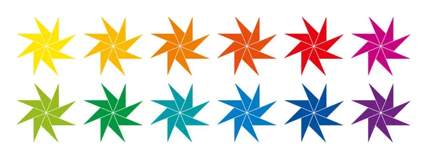 Rainbow Colored Pinwheel Shaped Eight Pointed Stars Twelve Geometric Figures — Vector de stock