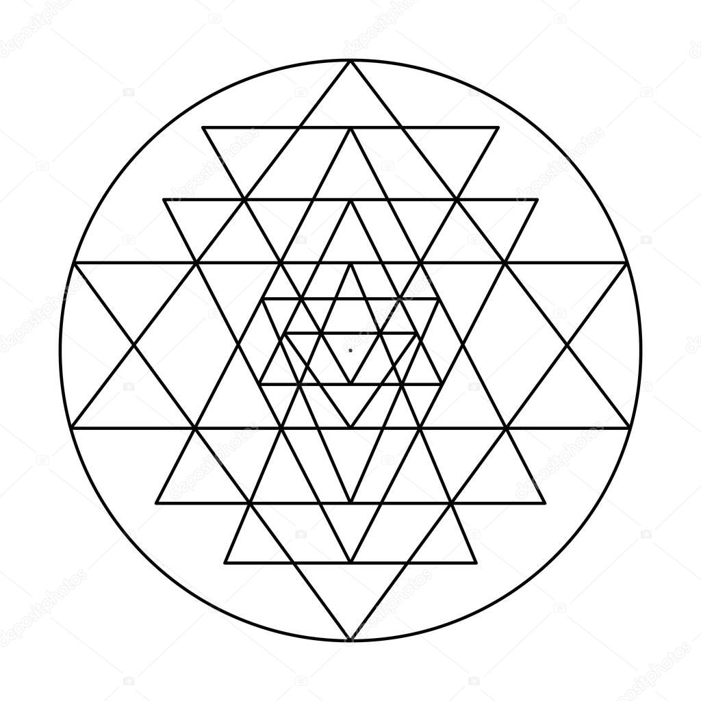 Nine interlocking triangles of Sri Yantra, that surround a central point, known as Bindu, the cosmic center. Shri Yantra or Shri Chakra, a mystical diagram, representing cosmos and human body. Vector.