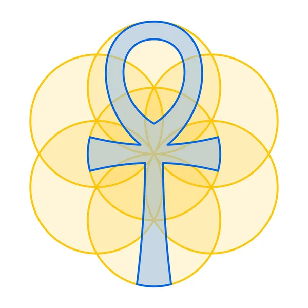 蓝色的蚂蚁非常适合金黄色的生命种子 手柄交叉 一个埃及象形文字符号 在一个重叠圆圈的几何图形内 是神圣几何的精神图案 — 图库矢量图片