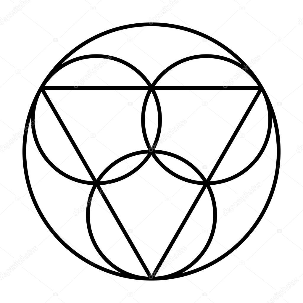 Trinity symbol. Three circles, representing the coeternal and consubstantial persons Father, the Son Jesus Christ and the Holy Spirit, connected with an equilateral triangle, embedded in a big circle.