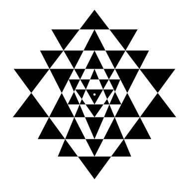 Shri Yantra üçgenleri, Sri Yantra ya da Shri çakra olarak da bilinir. Kozmosun merkezini temsil eden merkezi Bindu noktasıyla mistik bir Hindu diyagramının kırk üç siyah üçgeni. Vektör.