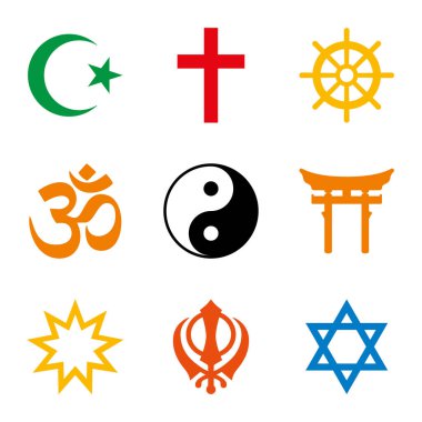 Dünya dinleri, büyük dini grupların ve dinlerin dokuz renkli sembolü. İslam, Hristiyanlık, Budizm, Hinduizm, Taoizm, Şinto, Bahai Faith, Sikizm ve Yahudilik. İzole bir illüstrasyon. Vektör.