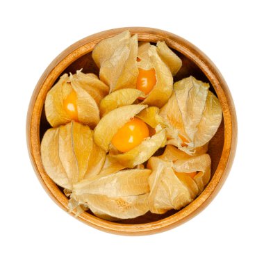 Cape bektaşi üzümü, kısmen açık calyx ile, ahşap bir kasede. Physalis Peruviana 'nın taze meyveleri, ayrıca altın, inka ve böğürtlen, uchuva, poha ve rasbhari. Garnitür ya da tatlı olarak kullanılır. Yemek fotoğrafı.