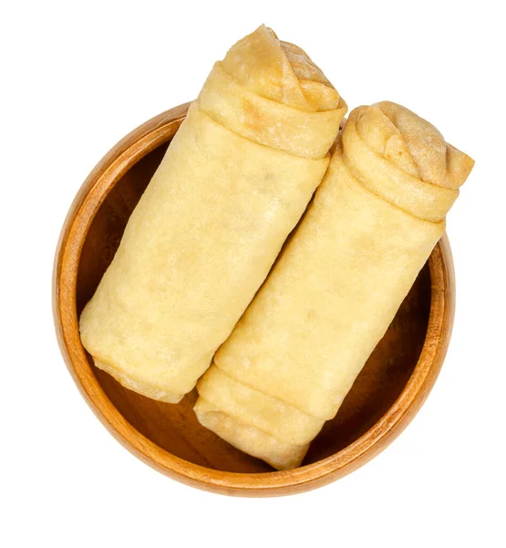 Unfried Spring Rolls Wooden Bowl Two Spring Rolls Ready Fry — Stock Photo, Image