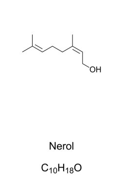Nerol, kimyasal formül ve iskelet yapısı. Organik bileşik, limon otu ve şerbetçiotu gibi temel yağlarda bulunan, parfümeride kullanılan, neroli yağından izole edilmiş, monotermal bir alkol..