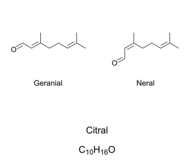 Citral veya limonal, kimyasal formüller. Geranial ve neral organik bileşiklerin karışımı. Terpenoidler ve izomerler aynı moleküler formüle sahip C10H16O. Gerekli yağlarda bulunur. Aroma parfümlerle birleşir..