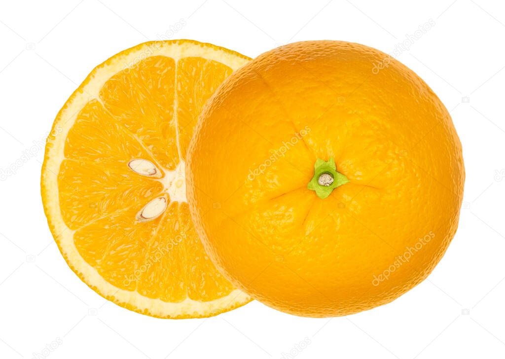 Two orange halves, from above, isolated over white. Ripe fresh orange cut in half, both halves laterally offset, showing peduncle, cross section with segments, fruit flesh and seeds. Macro food photo.