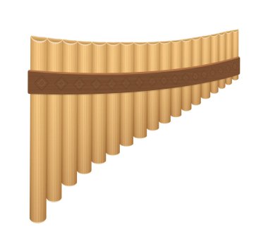 Pan flüt, ahşap flüt. Farklı uzunluktaki boruları olan eski, kırsal ahşap rüzgar müzik aleti. Beyaz arkaplanda izole vektör illüstrasyonu.