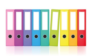 Colored ring binders, colorful blank leaf binder map set, rainbow colors collection for happy office work and tidy filing. Isolated vector illustration on white background.