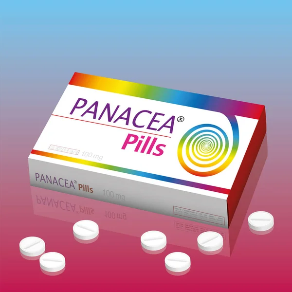 Panacea Pills Packet Medical Universal Remedy Fake Product Promise Miracle — Stok Vektör